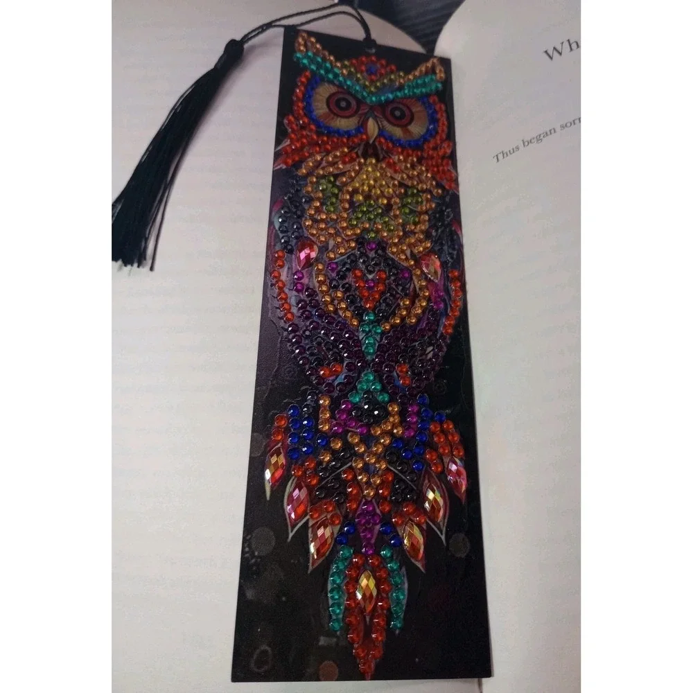 Handmade Diamond Art Owl Bookmark Acrylic Black Tassel 7.5